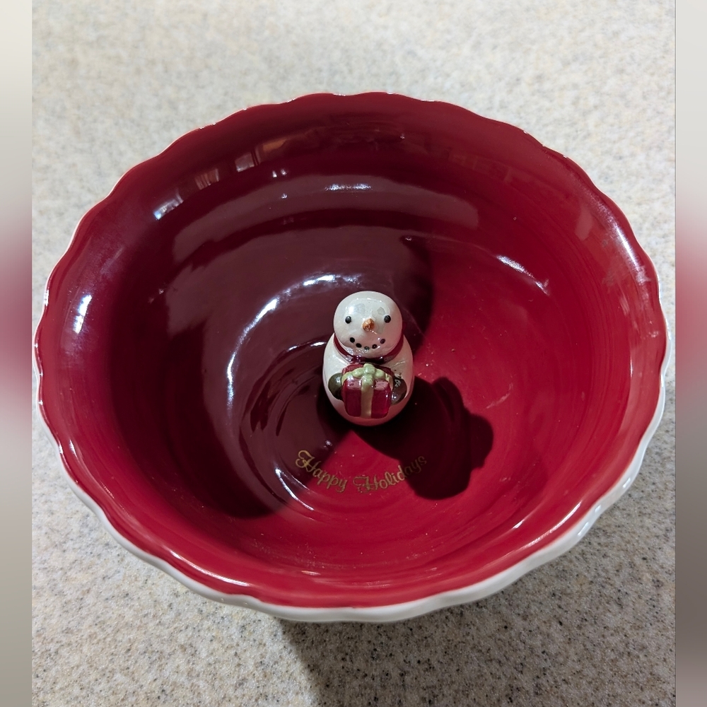 Red Holiday Bowl with Snowman Figurine